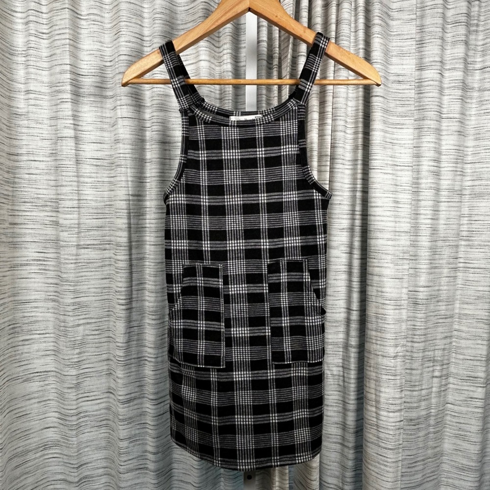 Popular 21 Jumper Dress Black‎ White Girls M 10/12 Plaid Knit Pockets EUC